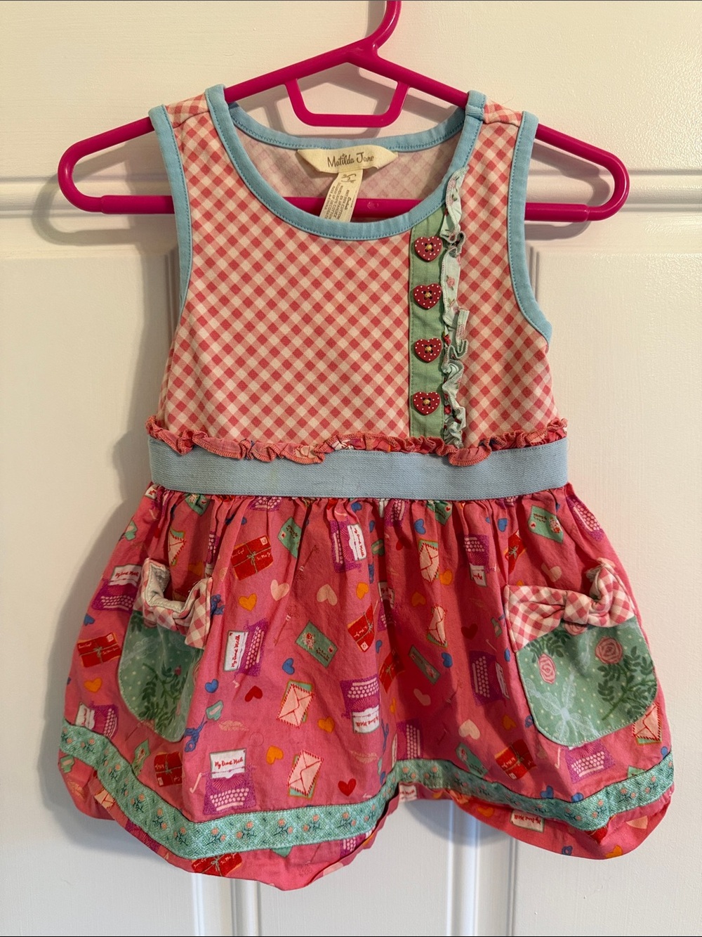 Matilda Jane Pink Gingham & Heart Print Dress with Blue Trim (2)